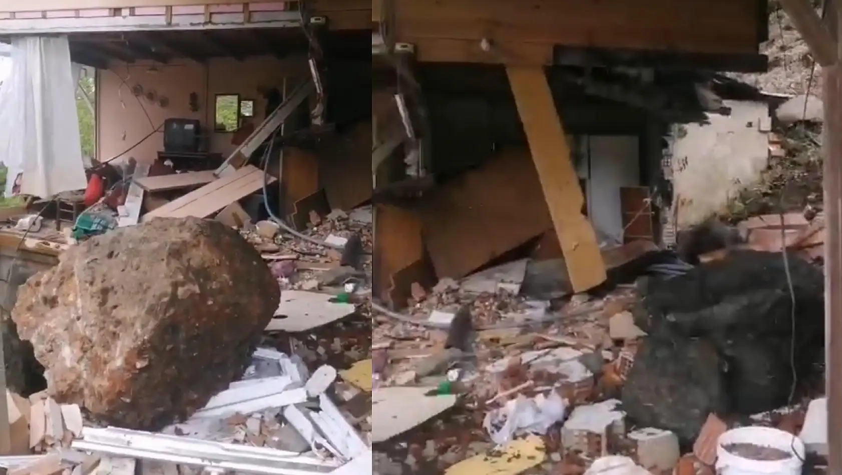 Rize'de faciaya ramak kala: Yamaçtan kopan kaya eve girdi!